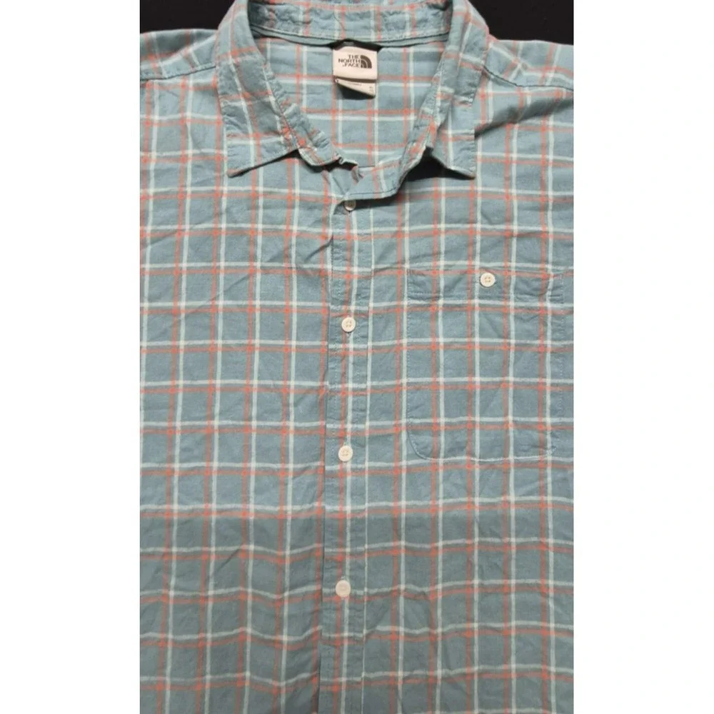 The North‎ Face men's blue/orange plaid short sleeve button down shirt sz. XL